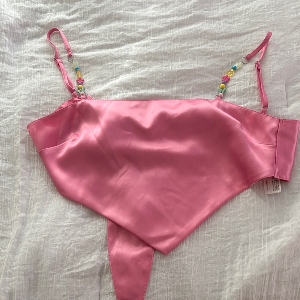 Pink Satin Beaded Strap Top